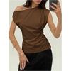 image:imageMakeMeChic Womens Summer Off The Shoulder Asymmetrical Tank Top Cinched Waist Tie Back Business Casual TopsBrown