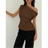 image:imageMakeMeChic Womens Summer Off The Shoulder Asymmetrical Tank Top Cinched Waist Tie Back Business Casual TopsBrown