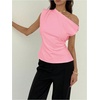 image:imageMakeMeChic Womens Summer Off The Shoulder Asymmetrical Tank Top Cinched Waist Tie Back Business Casual TopsPink