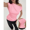 image:imageMakeMeChic Womens Summer Off The Shoulder Asymmetrical Tank Top Cinched Waist Tie Back Business Casual TopsPink