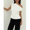 image:imageMakeMeChic Womens Summer Off The Shoulder Asymmetrical Tank Top Cinched Waist Tie Back Business Casual TopsWhite