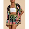 image:imageMakeMeChic Womens Two Piece Sets Summer Tropical Vacation Outfits Boho Floral Kimono Tops Shorts SetBlack
