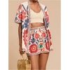image:imageMakeMeChic Womens Two Piece Sets Summer Tropical Vacation Outfits Boho Floral Kimono Tops Shorts SetBoho Pink and Beige