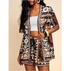 image:imageMakeMeChic Womens Two Piece Sets Summer Tropical Vacation Outfits Boho Floral Kimono Tops Shorts SetKhaki
