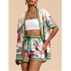 image:imageMakeMeChic Womens Two Piece Sets Summer Tropical Vacation Outfits Boho Floral Kimono Tops Shorts SetMulticolor