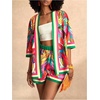 image:imageMakeMeChic Womens Two Piece Sets Summer Tropical Vacation Outfits Boho Floral Kimono Tops Shorts SetPink and Green