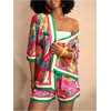 image:imageMakeMeChic Womens Two Piece Sets Summer Tropical Vacation Outfits Boho Floral Kimono Tops Shorts SetPink and Green