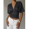 image:imageMakeMeChic Womens Y2k Crop Tops Deep V Neck Dolman Sleeve Tops Summer Blouse Going Out TopsBlack Polka Dots