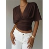 image:imageMakeMeChic Womens Y2k Crop Tops Deep V Neck Dolman Sleeve Tops Summer Blouse Going Out TopsCoffee Brown