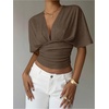 image:imageMakeMeChic Womens Y2k Crop Tops Deep V Neck Dolman Sleeve Tops Summer Blouse Going Out TopsMocha Brown