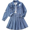 image:imageMakeMeChic Girls 2 Piece Outfits Ripped Raw Hem Long Sleeve Button Down Denim Jacket and Pleated Jean Skirt SetsBlue