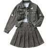 image:imageMakeMeChic Girls 2 Piece Outfits Ripped Raw Hem Long Sleeve Button Down Denim Jacket and Pleated Jean Skirt SetsDark Grey
