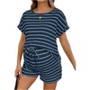 image:imageMakeMeChic Womens Maternity 2 Piece Summer Outfits Striped Crew Neck Short Sleeve Tee and Shorts Pregnancy SetsRoyal Blue