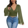 image:imageMakeMeChic Womens Plus Size Crop Top Bell Sleeve Top V Neck Wrap Blouse Party Going Out TopsArmy Green