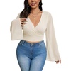 image:imageMakeMeChic Womens Plus Size Crop Top Bell Sleeve Top V Neck Wrap Blouse Party Going Out TopsBeige