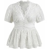 image:imageMakeMeChic Womens Plus Size Sexy Peplum Lace Tops Floral Sheer Mesh Going Out Tops Low Cut Short Sleeve TShirtWhite