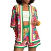 image:imageMakeMeChic Womens Two Piece Sets Summer Tropical Vacation Outfits Boho Floral Kimono Tops Shorts SetPink and Green