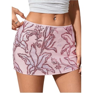 image:imageMAKEMECHIC Womens Floral Sequin Sparkly Mini Skirt Low Waist Bodycon Party Short SkirtsPink