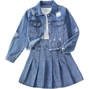 image:imageMakeMeChic Girls 2 Piece Outfits Ripped Raw Hem Long Sleeve Button Down Denim Jacket and Pleated Jean Skirt SetsBlue