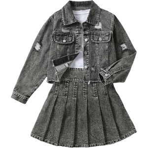 image:imageMakeMeChic Girls 2 Piece Outfits Ripped Raw Hem Long Sleeve Button Down Denim Jacket and Pleated Jean Skirt SetsDark Grey