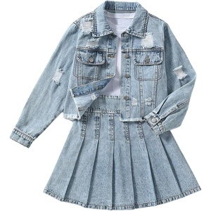 image:imageMakeMeChic Girls 2 Piece Outfits Ripped Raw Hem Long Sleeve Button Down Denim Jacket and Pleated Jean Skirt SetsLight Blue