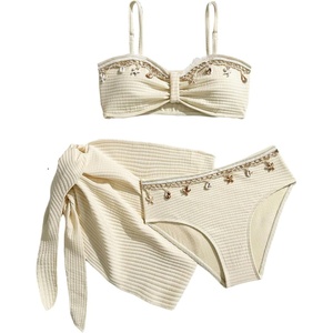 image:imageMakeMeChic Girls 3 Piece Swimsuits Seashell Ruched Spaghetti Strap Bikini Set with Beach SarongsBeige