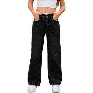 image:imageMakeMeChic Girls Baggy Straight Leg Jeans High Elastic Waisted Denim Pants Y2K Boyfriend Skater Streetwear 416YBlack