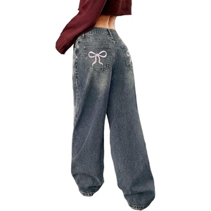 image:imageMakeMeChic Girls Baggy Straight Leg Jeans High Elastic Waisted Denim Pants Y2K Boyfriend Skater Streetwear 416YBow Print Medium Wash