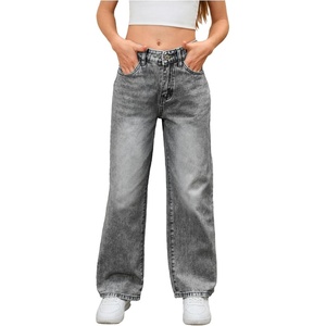 image:imageMakeMeChic Girls Baggy Straight Leg Jeans High Elastic Waisted Denim Pants Y2K Boyfriend Skater Streetwear 416YDark Grey