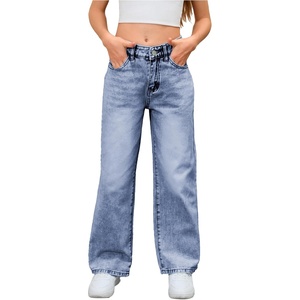 image:imageMakeMeChic Girls Baggy Straight Leg Jeans High Elastic Waisted Denim Pants Y2K Boyfriend Skater Streetwear 416YMedium Wash