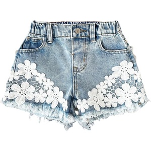 image:imageMakeMeChic Girls Summer Floral Lace Denim Shorts Distressed Trim Zip Fly Micro Mini JortsLight Wash