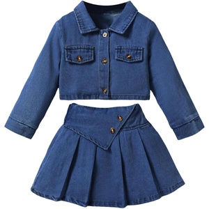 image:imageMakeMeChic Toddler Baby Girl 2 Piece Cute Outfits Long Sleeve Collared Denim Jacket and Pleated A Line Jean Skirt SetsDark Blue