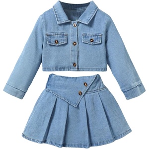 image:imageMakeMeChic Toddler Baby Girl 2 Piece Cute Outfits Long Sleeve Collared Denim Jacket and Pleated A Line Jean Skirt SetsLight Blue