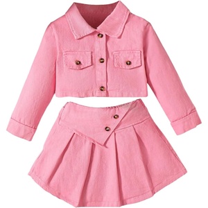 image:imageMakeMeChic Toddler Baby Girl 2 Piece Cute Outfits Long Sleeve Collared Denim Jacket and Pleated A Line Jean Skirt SetsPink