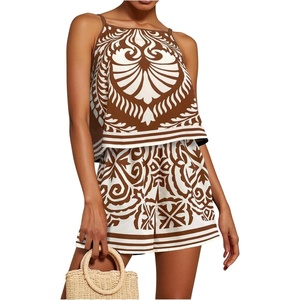 image:imageMakeMeChic Womens 2 Piece Sets 2026 Summer Matching Lounge Short Set Tropical Resort Travel Vacation OutfitsKhaki