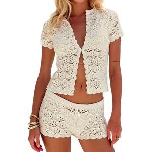 image:imageMakeMeChic Womens 2 Piece Sets Crochet Beach Cover Ups Boho Tops Mini Shorts Set Vacation OutfitsBeige