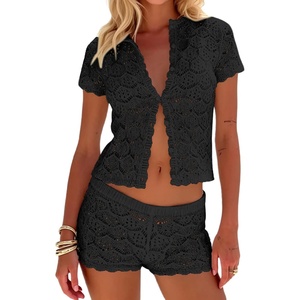image:imageMakeMeChic Womens 2 Piece Sets Crochet Beach Cover Ups Boho Tops Mini Shorts Set Vacation OutfitsBlack