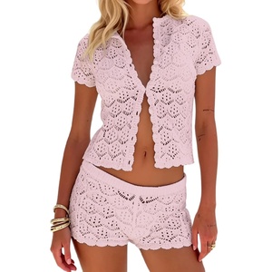 image:imageMakeMeChic Womens 2 Piece Sets Crochet Beach Cover Ups Boho Tops Mini Shorts Set Vacation OutfitsLight Pink