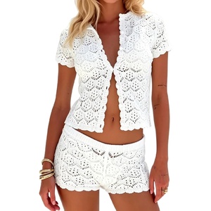 image:imageMakeMeChic Womens 2 Piece Sets Crochet Beach Cover Ups Boho Tops Mini Shorts Set Vacation OutfitsWhite