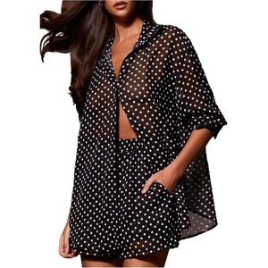 image:imageMakeMeChic Womens 2 Piece Summer Outfits Polka Dots Mesh Sheer Long Sleeve Blouse and Shorts Clothing SetsBlack and White