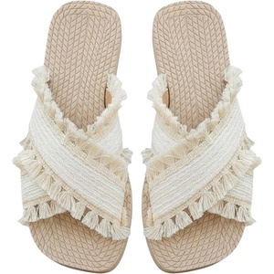 image:imageMakeMeChic Womens Beach Fringe Flat Sandals Raw Trim Criss Cross Summer Platform SandalsBeige