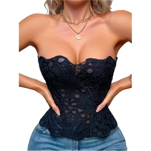 image:imageMakeMeChic Womens Black Corset Tops Y2K Floral Lace Sleeveless Open Back Strapless Body ShaperBlack