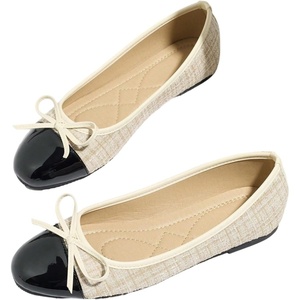 image:imageMakeMeChic Womens Bow Knot Polka Dots Ballet Flat Lace Mesh Beaded Closed Toe Summer Wedding ShoesApricot and Black