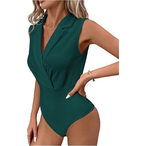 image:imageMakeMeChic Womens Collared Bodysuits Wrap V Neck Sleeveless Dressy Business Casual Blouse TopsDark Green