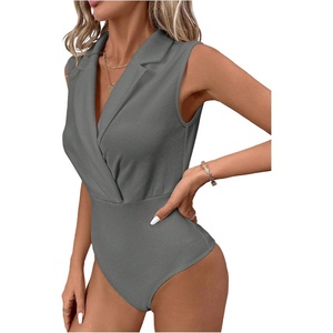 image:imageMakeMeChic Womens Collared Bodysuits Wrap V Neck Sleeveless Dressy Business Casual Blouse TopsGrey