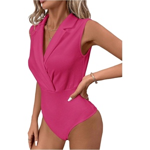 image:imageMakeMeChic Womens Collared Bodysuits Wrap V Neck Sleeveless Dressy Business Casual Blouse TopsHot Pink