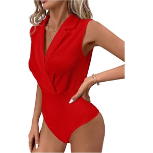 image:imageMakeMeChic Womens Collared Bodysuits Wrap V Neck Sleeveless Dressy Business Casual Blouse TopsRed