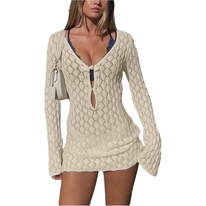 image:imageMakeMeChic Womens Crochet Beach Cover Ups Bathing Suit Swimsuit Coverup Mini DressApricot