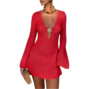 image:imageMakeMeChic Womens Crochet Beach Cover Ups Bathing Suit Swimsuit Coverup Mini DressBright Red