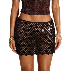 image:imageMakeMeChic Womens Crochet Sequin Saparkly Mini Skirt Beach Cover Up Low Waist Party Y2k Skirts Swimsuit CoverupChocolate Brown